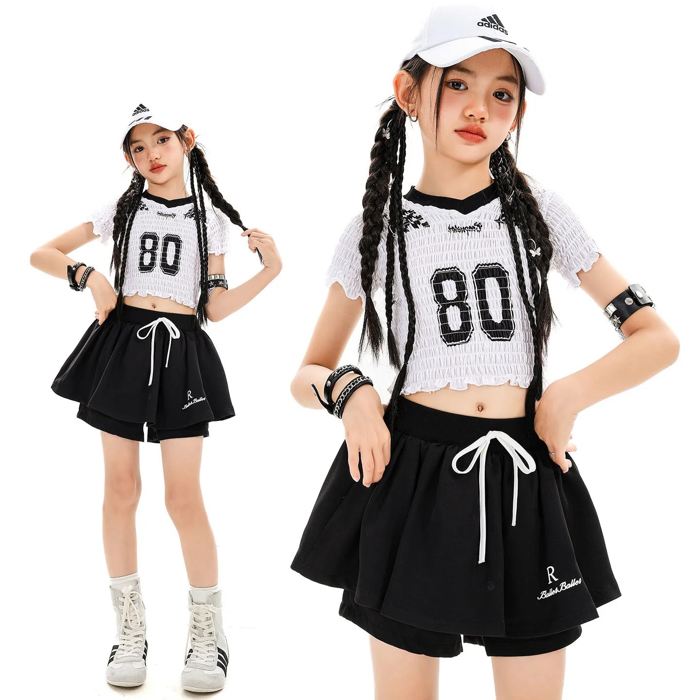 

Kid Kpop Hip Hop Clothing White Slim Ruched Crop T Shirt Top Black Pleated Skirt Shorts for Girl Jazz Dance Wear Costume Clothes