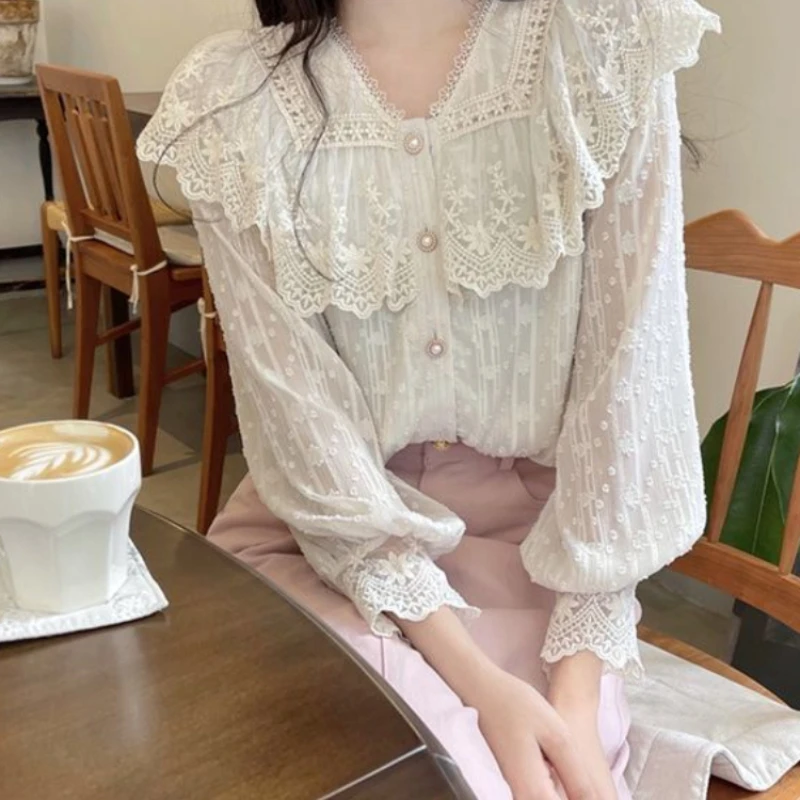 Lace Long Sleeve Shirts Women Ruffle Edge Spring Summer New Style White All-match Elegant Sweet Tops Girls Fashion Blouses Retro