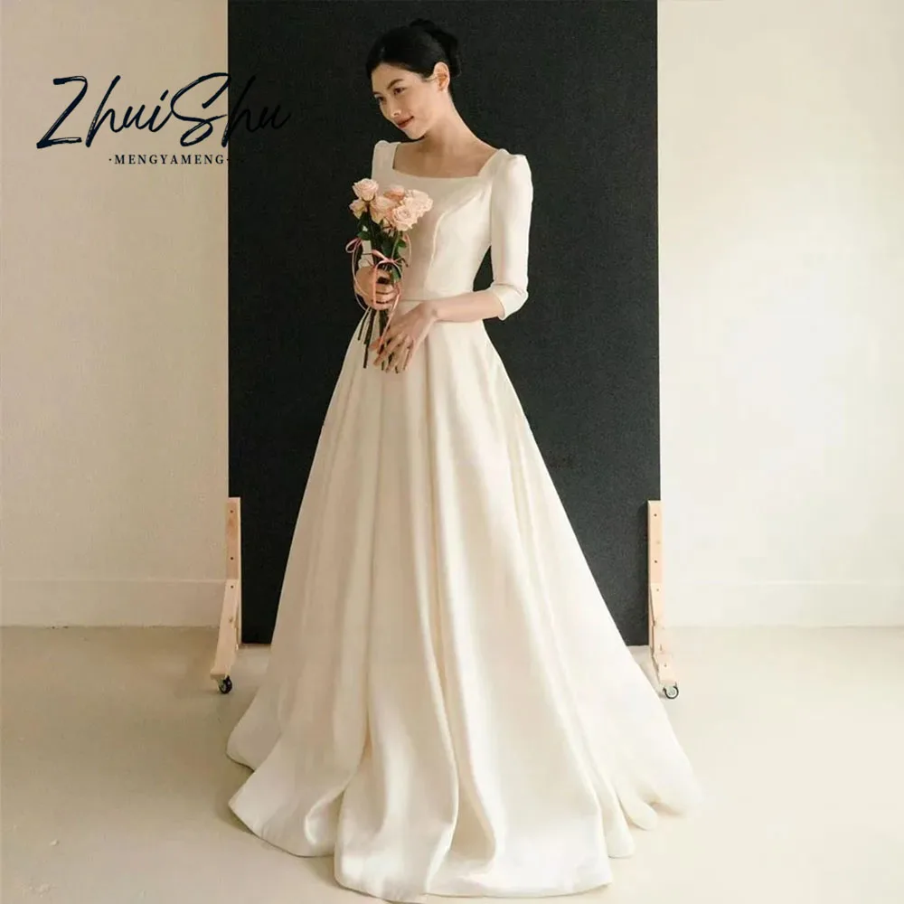 ZHUISHU Elegant Square Neck Korea Wedding Dresses Photos Shoot Customized Half Sleeve Soft Satin A Line Floor Corset Bridal Gown