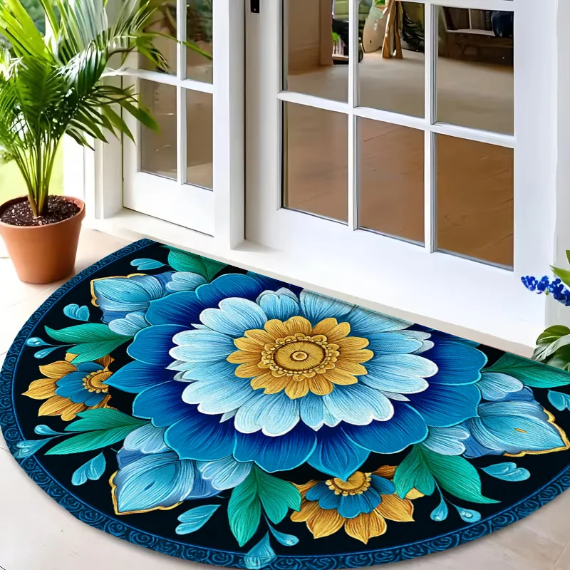 Bold Blue Yellow Floral Doormat Black Background Art Print Non Slip Entry Rug For Entryway Hallway And Vibrant Home Decor