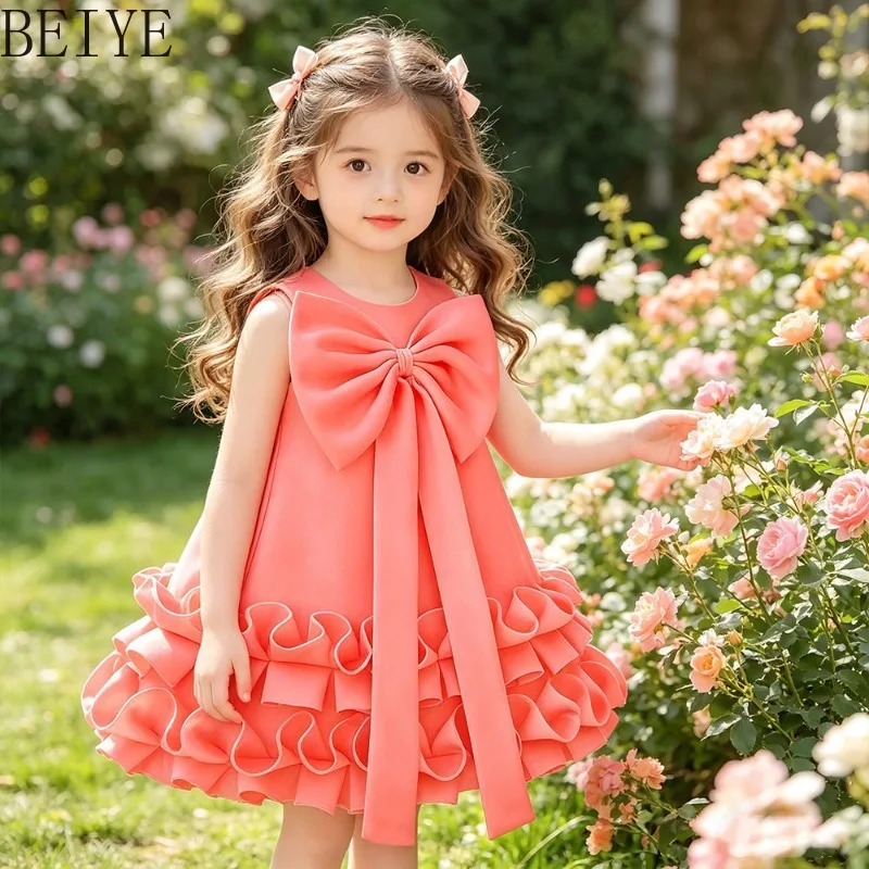 

Birthday Banquet Party Ruffle Dress Children Performance Big Bow Elegant Dress Girls Sleeveless Flower Short Evening Dress