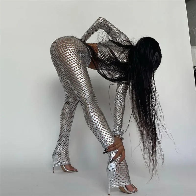 Women Suit Silver Shiny Hollow Out Tights Suit Long Sleeve Short T-shirt Bodycorn Trousers Set Sexy Partywear Mesh Skinny Pants