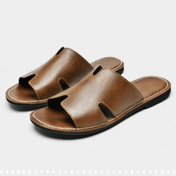 2024 New Designer Men Genuine Leather Slipper Summer Fashion Slides Simple Sandals Comfortable Cool Beach Shoes