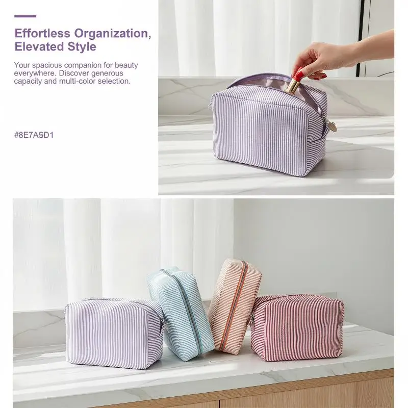 Striped Waterproof Cosmetic Bag Large Capacity Women's Toiletry Pouch Multi-Pocket Makeup Storage for Travel