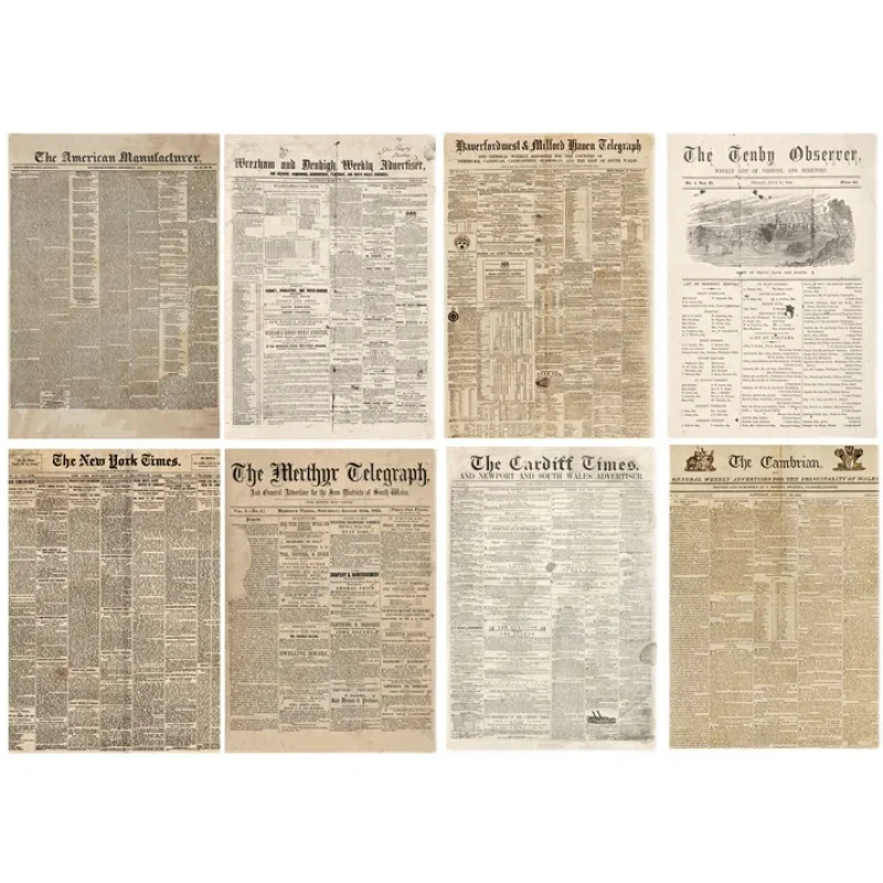 8 Sheet Vintage Newspaper Decorative Craft Paper Junk Journal Ephemera Retro Background Paper Diary Scrapbooking Material A5