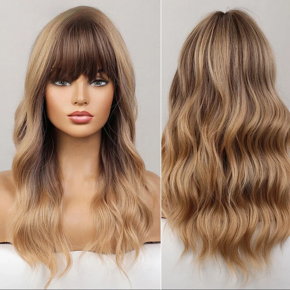 

Long Ombre Brown mix Blonde Highlights Hair Wigs with Bangs for Women Synthetic