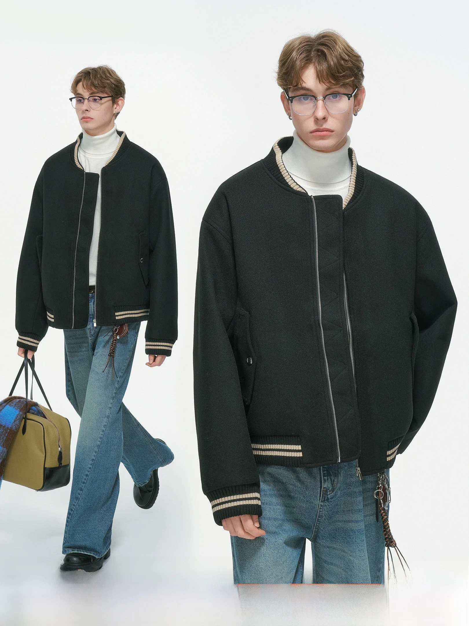 Dream Made American Style Baseball Jacket Men's Cotton Woolen Coat Autumn Winter Loose Fit Short Wide Zipper Closure Jacket