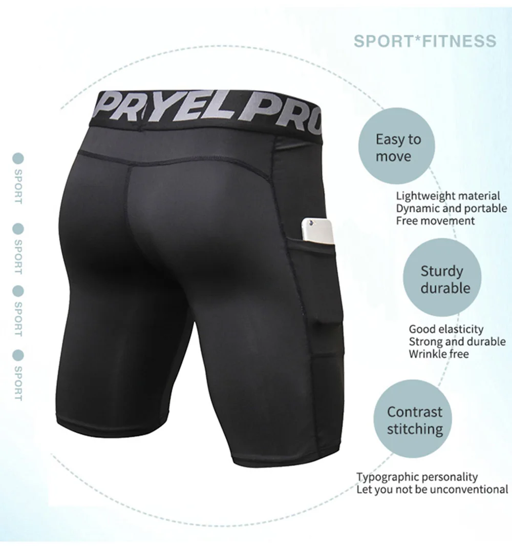 Sport-Shorts für Herren, Kompressions-Laufshorts mit Tasche, schnell trocknend, Workout, Fitnessstudio, Shorts, Fitness, Sport-Leggings für Herren – Detail 3
