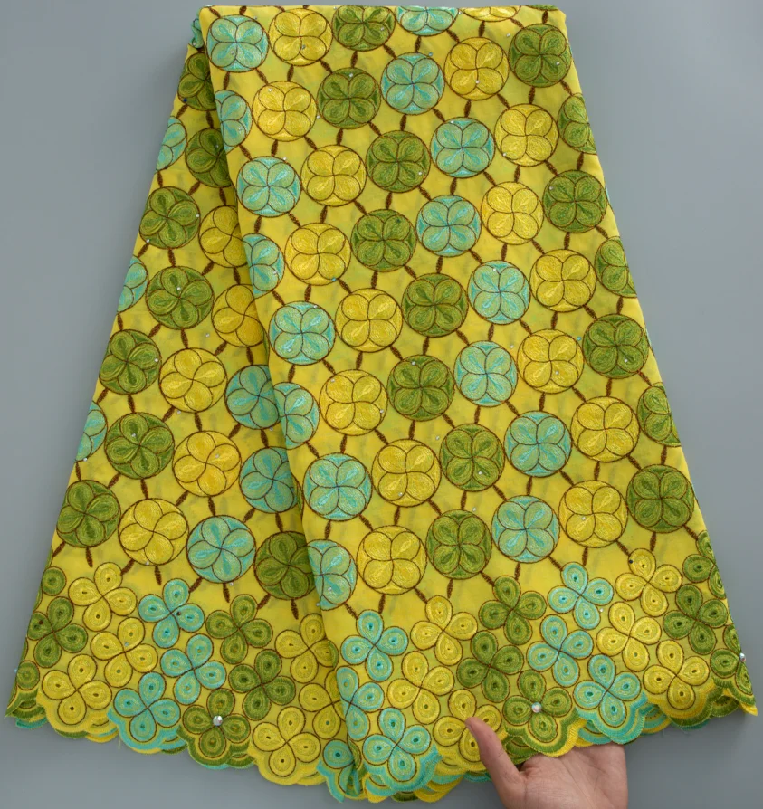 

Yellow Green African Swiss Voile Lace Fabric Rhinestone Embroidery Nigerian 5Yards Cotton Material For Women Wedding Party Dress