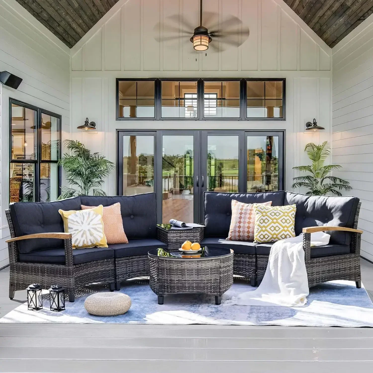 6 Piece Outdoor Patio Furniture Set,  Conversation Set with Wood Armrests, Tempered Glass Round Coffee Table & Side Table