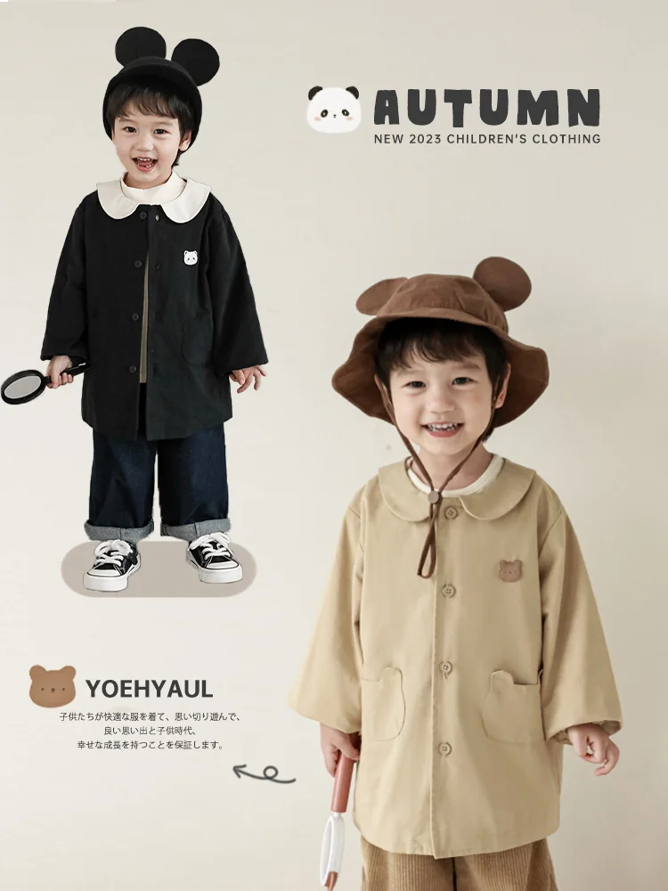 

Boys' Embroidered Pocket Long Sleeves Windbreaker Coat Autumn Children's Trench