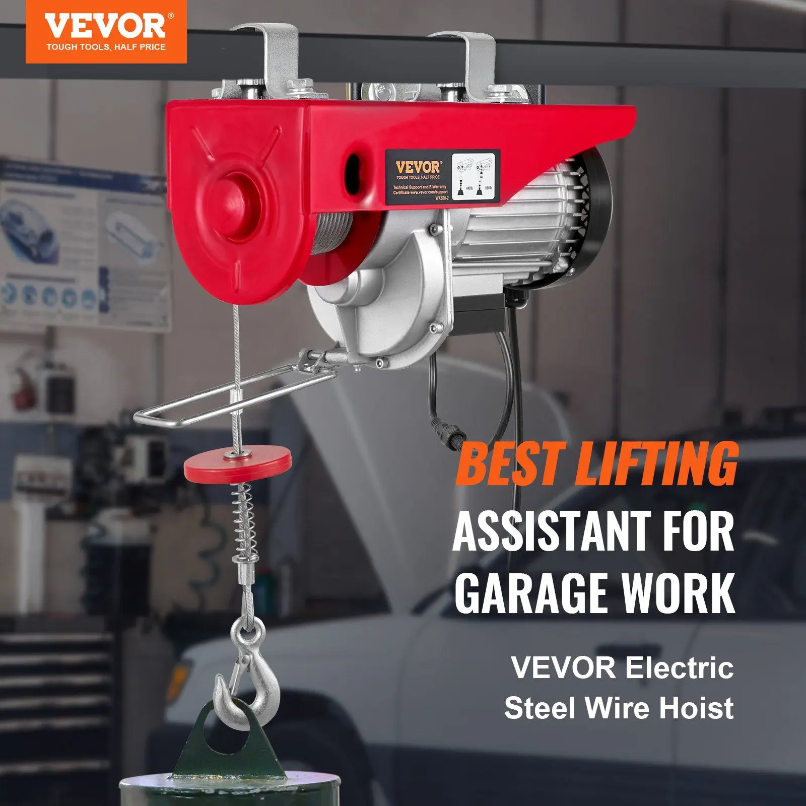 Efficient 850W Electric Hoist 880lb Load 110V 40ft Lift with Wireless Remote Control and Thermal Protection System