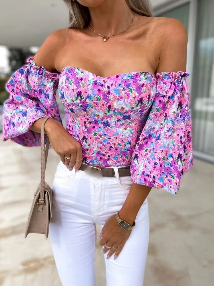 Spring Summer Sexy Off Shoulder Women Blouse Fashion Puff Sleeve Bodycon Short Top Casul Holiday Beach Floral Blouses Tops