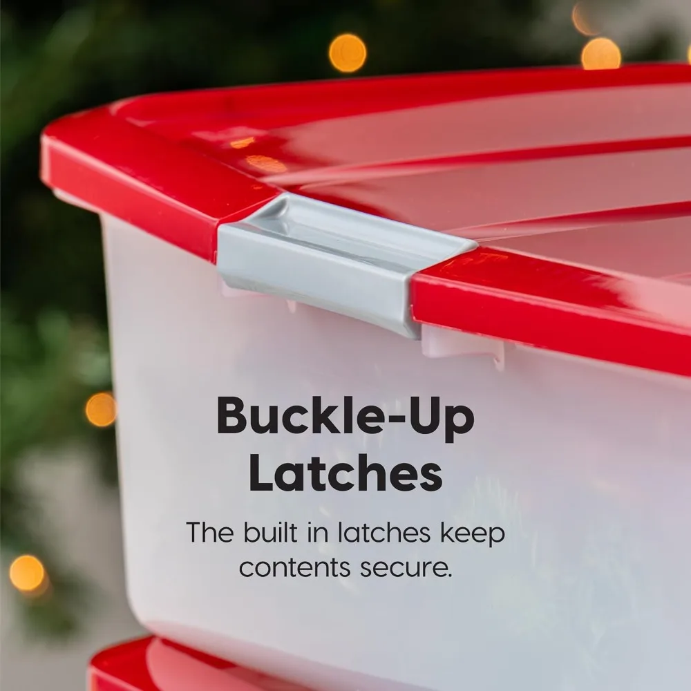صندوق تخزين إكليل العطلات سعة 33 لترًا، 3 قطع، منظم تحت السرير قابل للتكديس مع أبازيم إغلاق للزينة الاحتفالية شفافة/أحمر