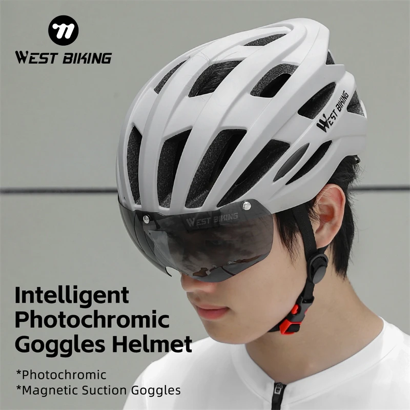 

WEST BIKING Photochromic Lens Cycling Helmet With Taillight Magnetic Goggles Men Women Safety Cap Bicycle Bike Motorcycle Helmet