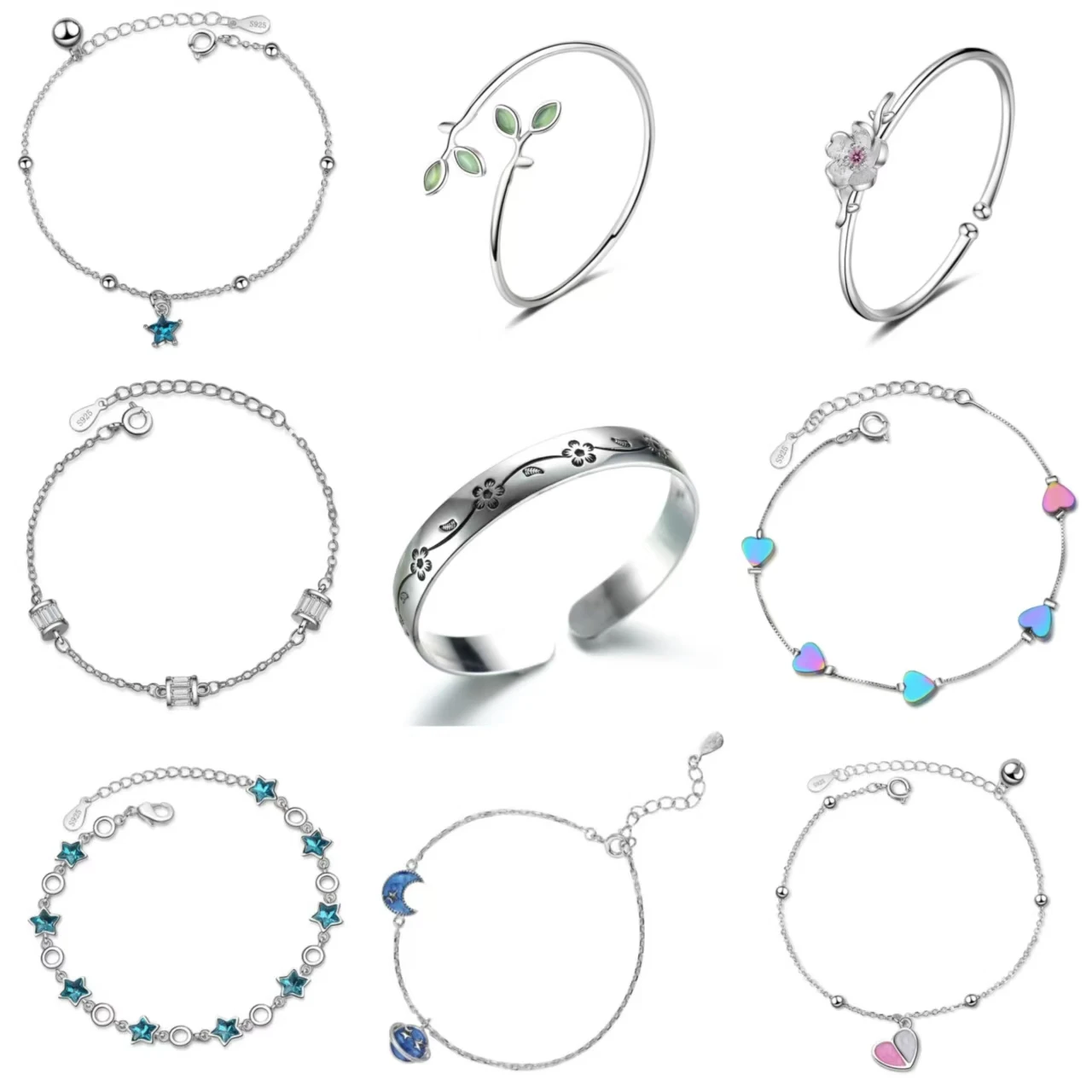 Women Copper Bracelet Minimalist Silver Blue Enamel Moon & Planet Charm Bracelet For Beautiful Girls Daily Party Jewelry
