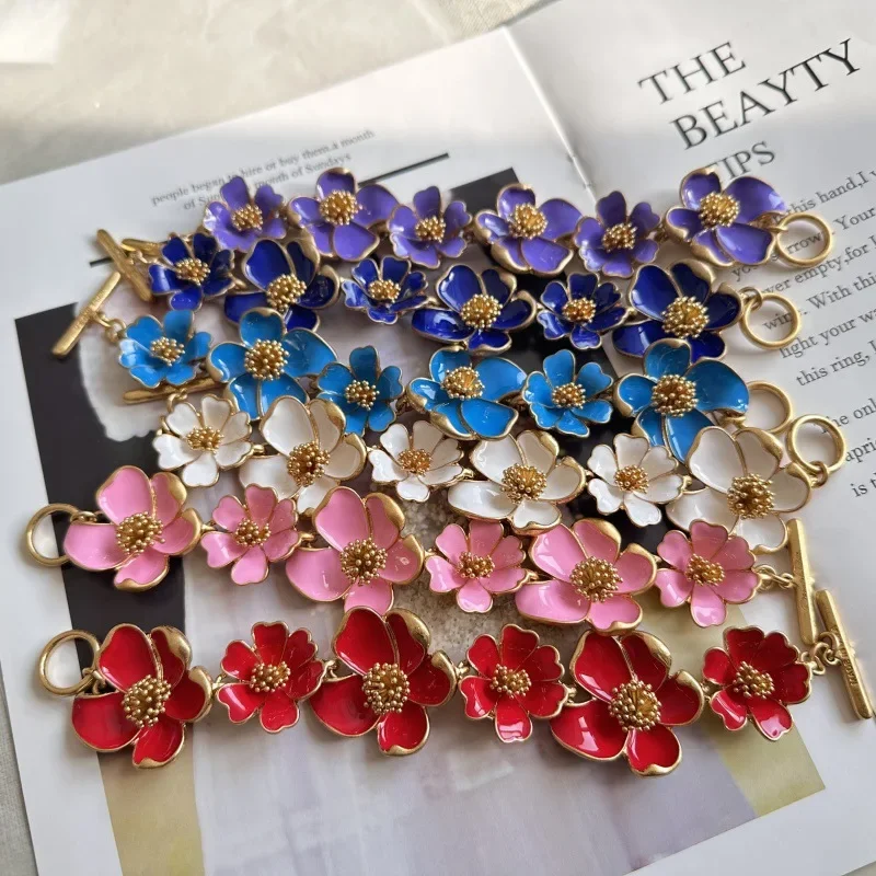 Vintage Colorful Enamel Glaze Flower OT Hook Bracelet for Female Women Jewelry Wedding Banquet