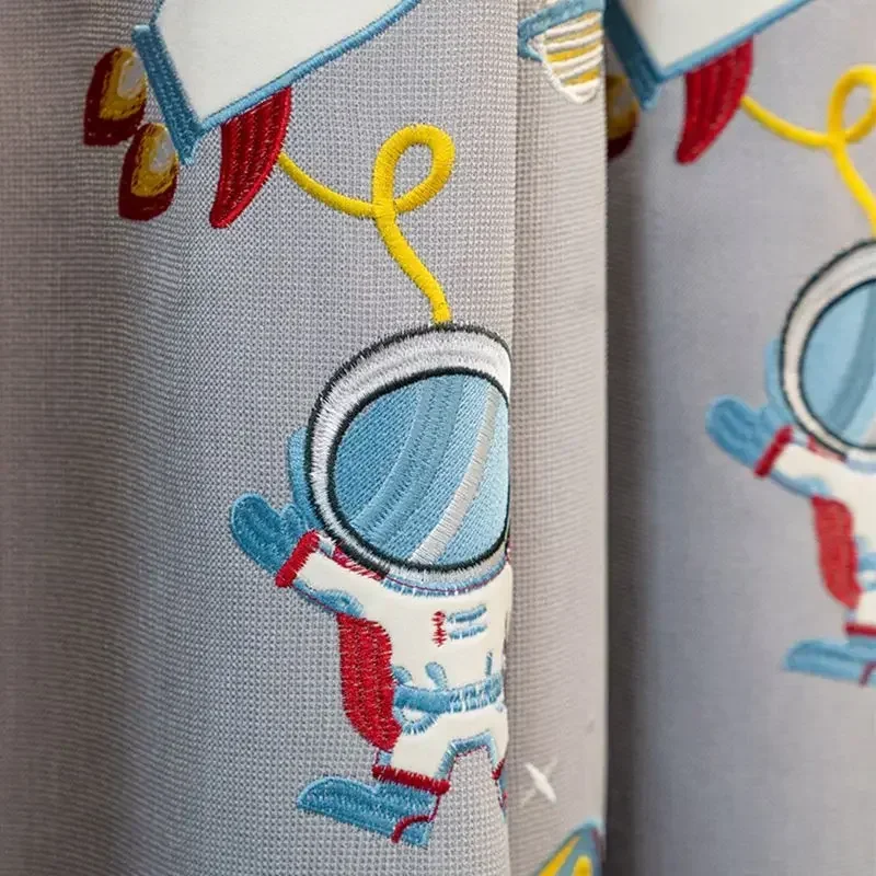 Children's Room Astronaut Spaceship Embroidered Grey Blue Curtains For Living Room Cartoon Planet Window Blackout Tulle Custom