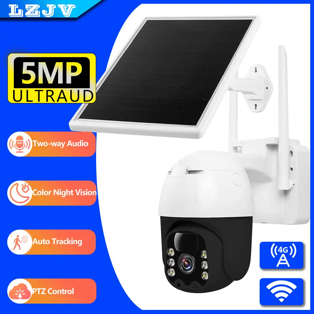 

LZJV 4G Solar Camera PTZ 5MP UHD WIFI Surveillance Cameras With Solar Panel Recharge Battery Outdoor Night Vision IP Cam