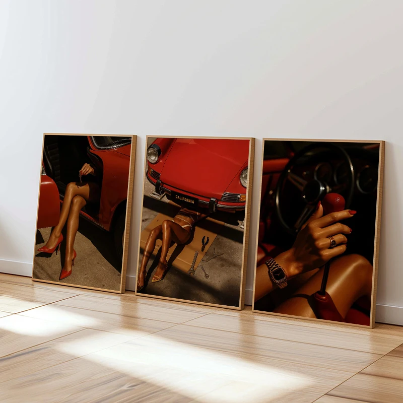 Trendy Red and Black Fashion Sexy Woman Red High Heels Vintage Car Poster Art Canvas Painting Print for Living Room Home Decor