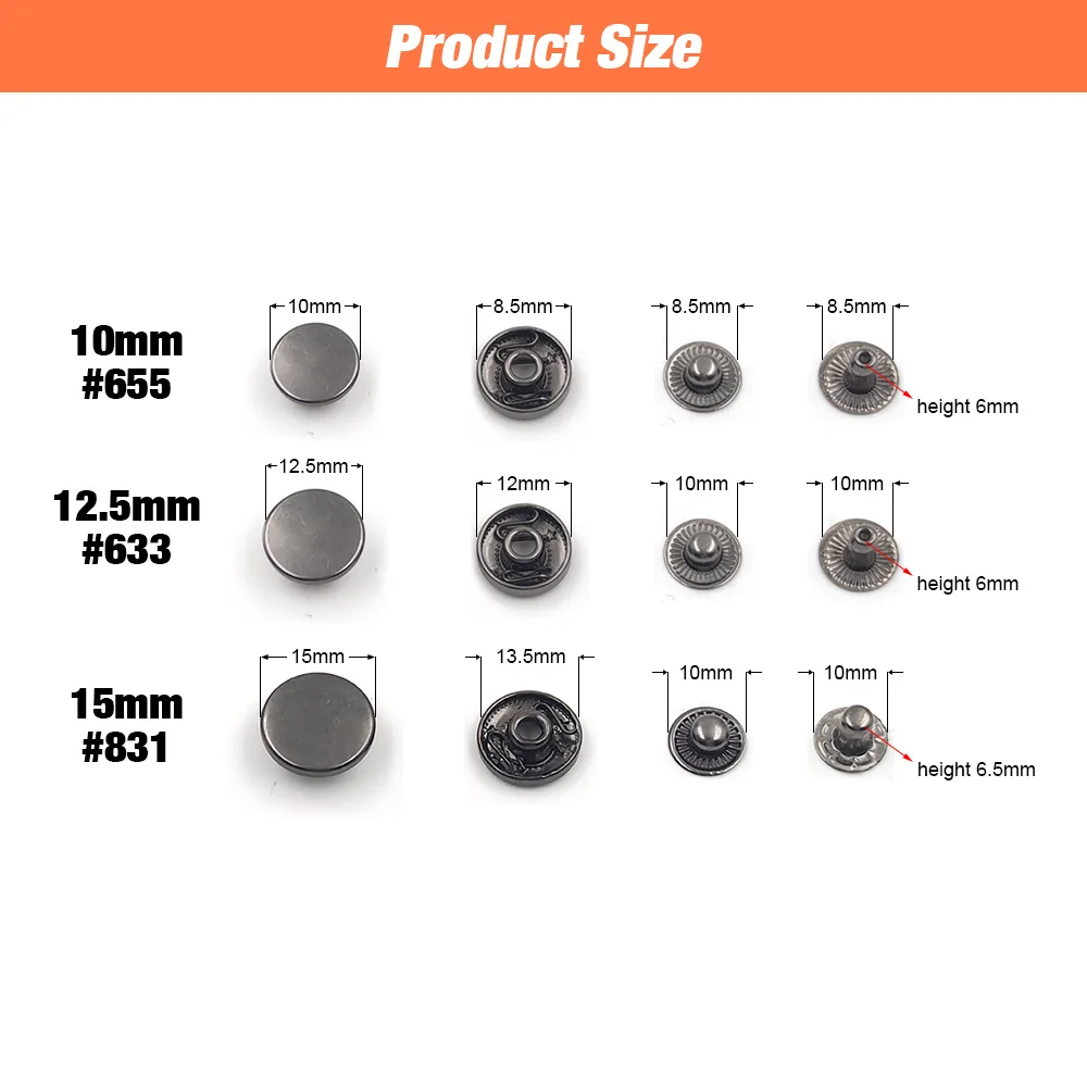 25Sets 655/633/831 Snap Fasteners Metal Snaps Press Button Studs Optional Tool SET For Sewing Jacket Clothes Garment Bags Shoes