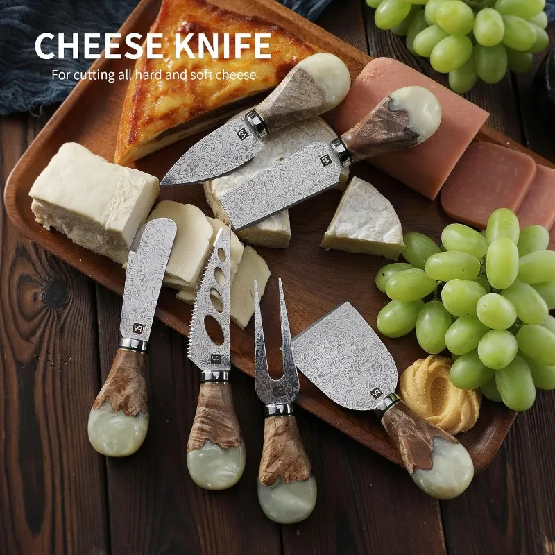 Damascus Steel Cheese Knifes for Charcuterie Board Accessories with Resin Wood Handle Cheese Cutter Forks for Soft Hard Cheese