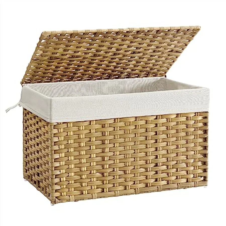 

Storage Basket with Lid, Woven Blanket Storage Bin with Handles, Foldable, Removable Liner, Metal Frame, for Bedroom, Laundry R
