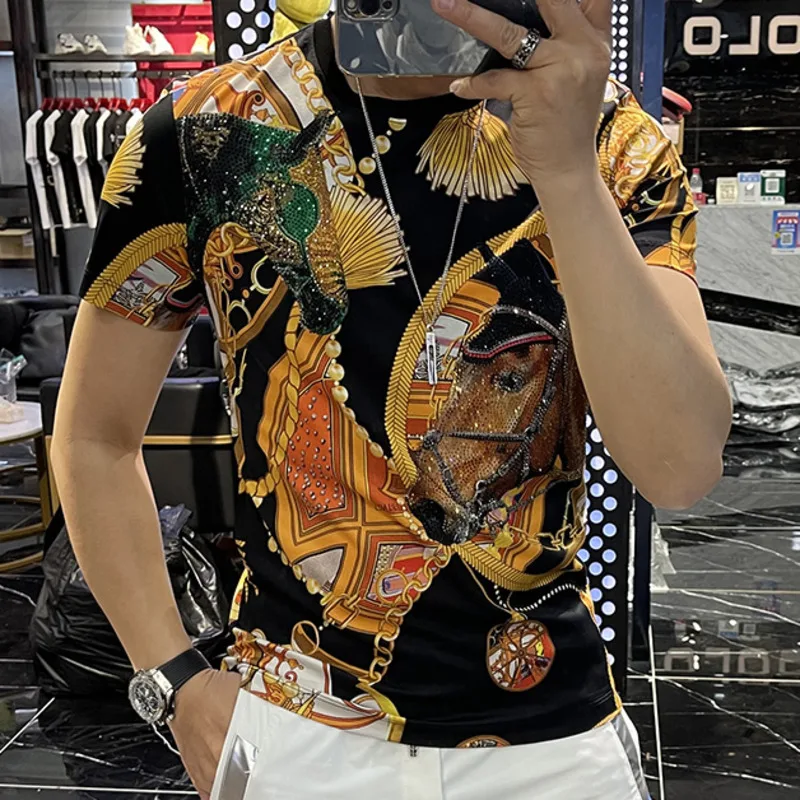 Korean Black Gold Slim Fit Hot Drilling Printing Luxury Animal Tide Brand Rhinestones Short Sleeve T-shirt Men 2022 Summer Top