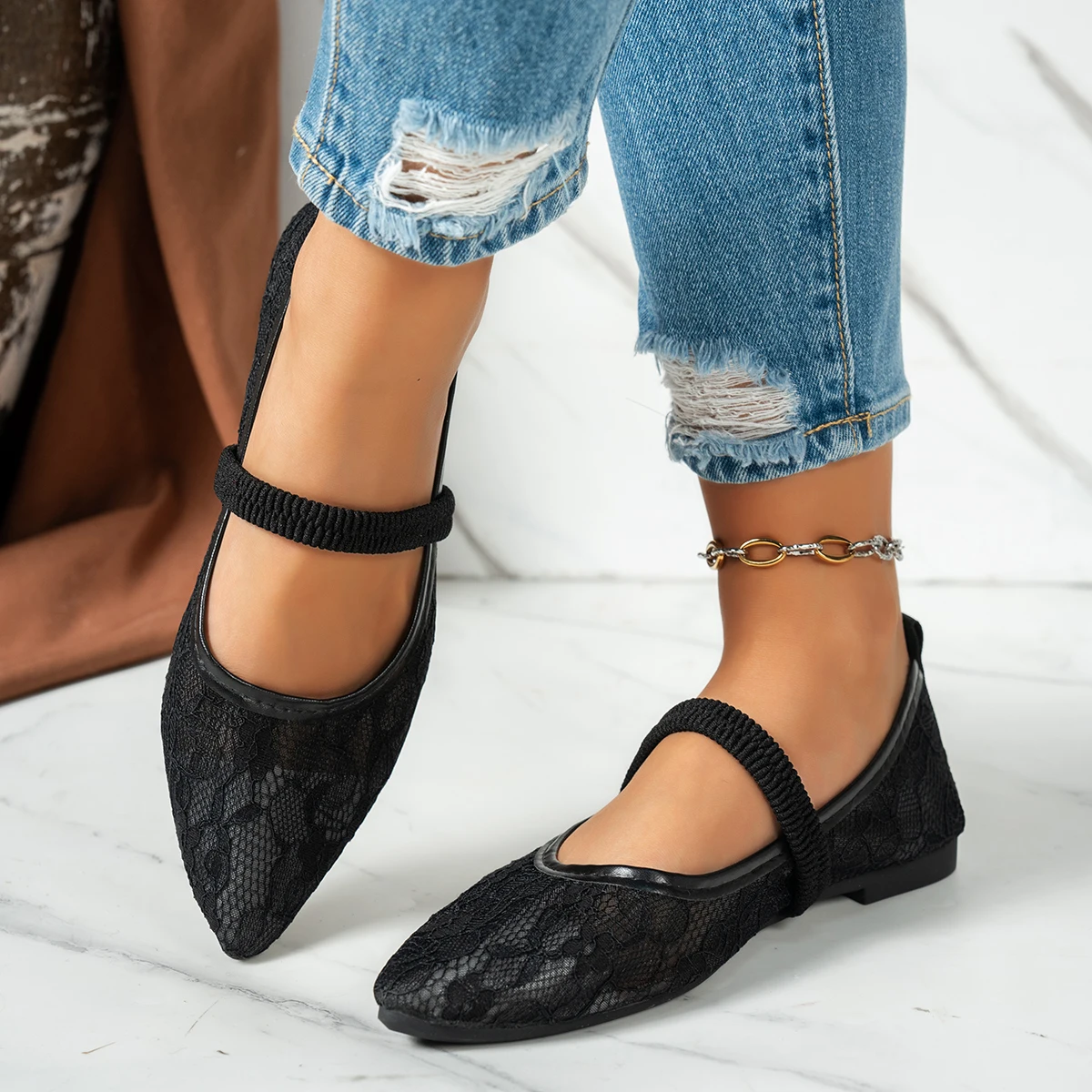 フレンチポインテッドトゥレースメリージェーンシューズ、レディースフラットスリッポンローカットシングルシューズ、春のエレガントな新スタイル