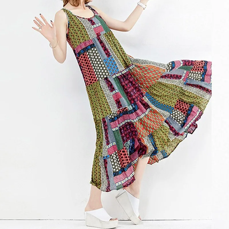 Bohemian O-neck Sleeveless Loose Waist Vintage Fashion Dress Straight Print Retro Patchwork Summer Mid Calf Women Female 2022