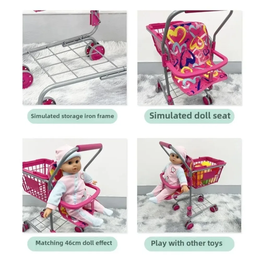 Baby-Puppen-Einkaufswagen für Mädchen, Kinder, Kleinkinder, Rollenspiel, Einkaufsspielzeug mit abnehmbarem Korb, stabiler Metallrahmen, Weihnachtsgeschenke