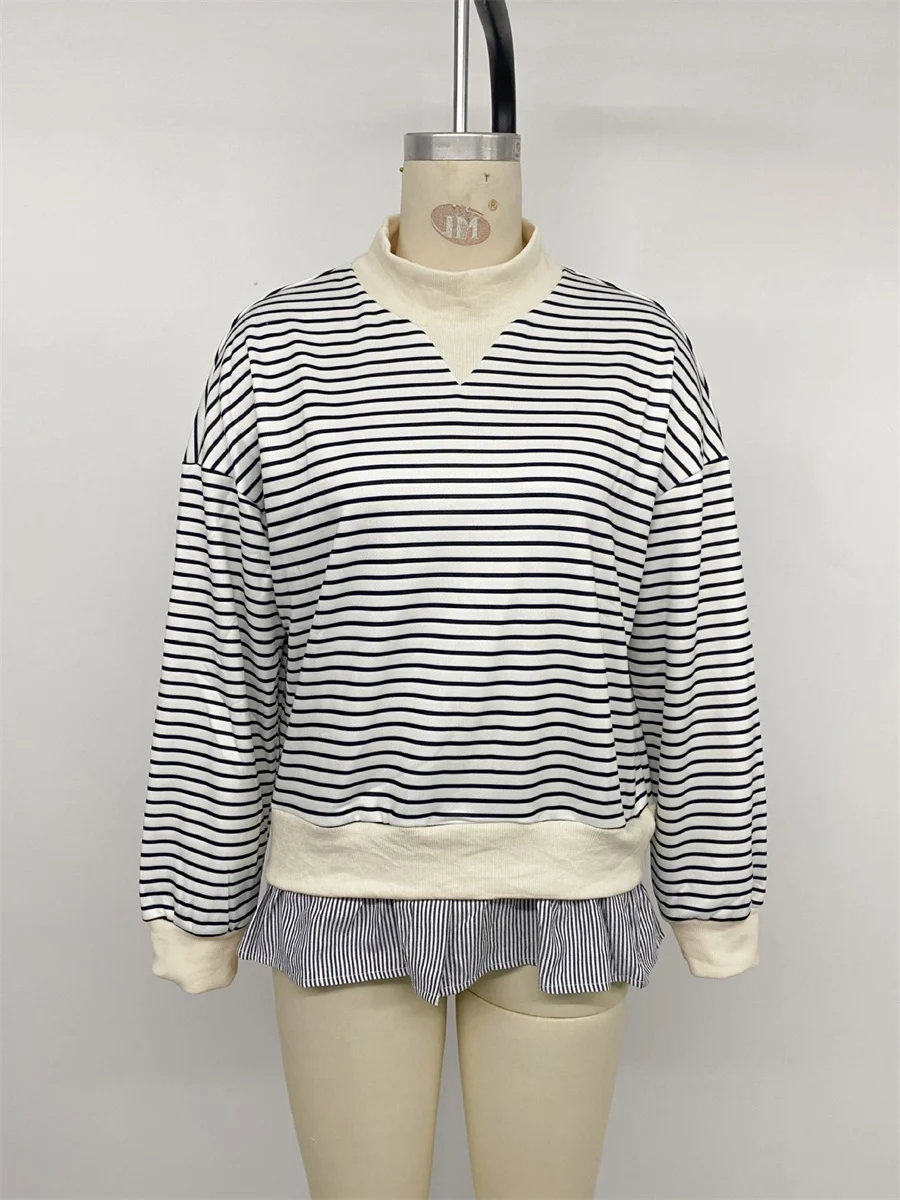 ZAROY Casual Versatile Women Sweatshirts Fashion Patchwork Striped Print Pullover Autumn Winter Long Sleeve Turtleneck  T-shirts