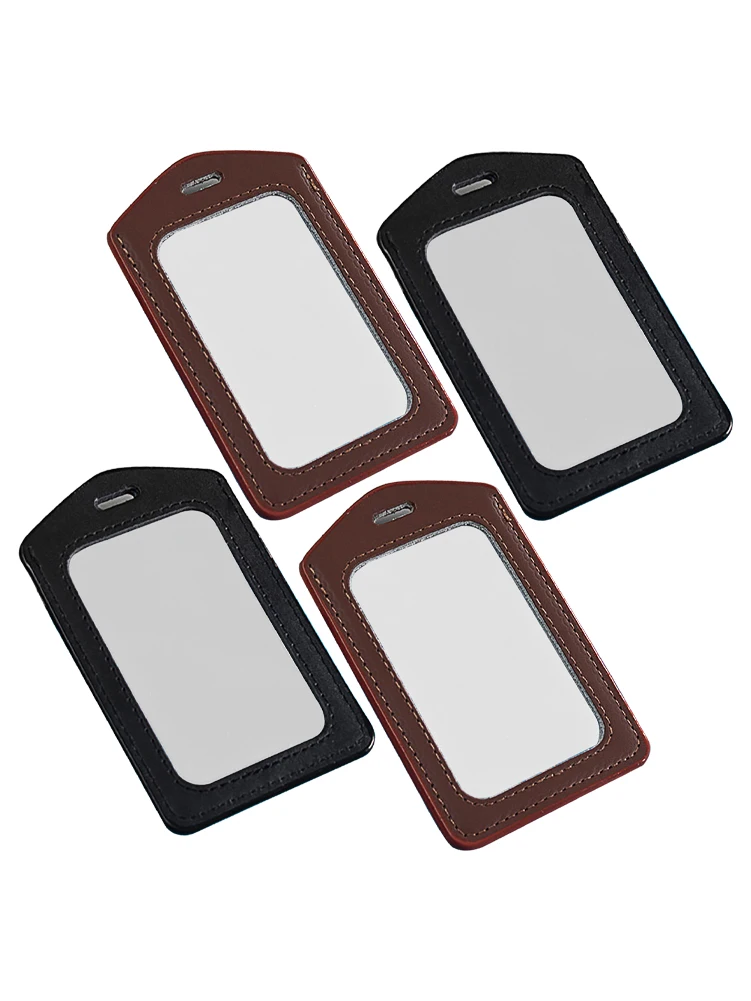 4pcs Genuine Leather ID Badge Holders Double Transparent Students No Lanyard Staff Practical For Office Wallet Waterproof