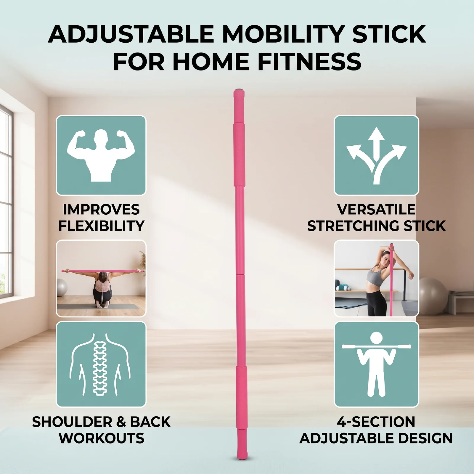 Mobility Stick for Stretching Adjustable Exercise Stick 3 Lengths for Balance Flexibility Shoulders Back Home Workout Fitness