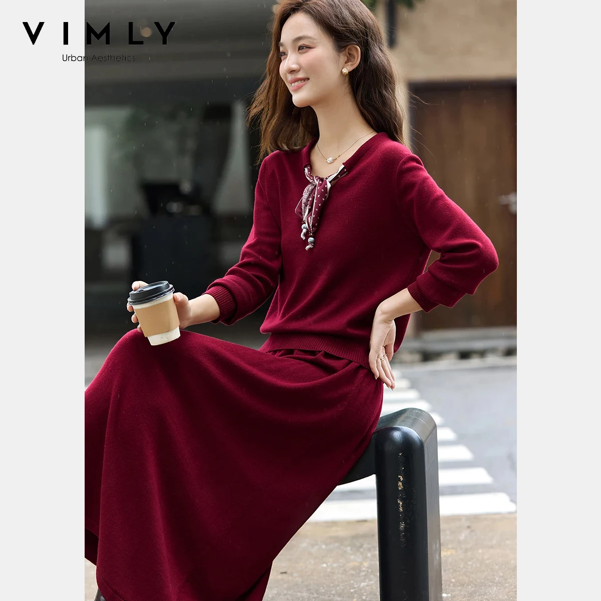 

VIMLY Women's Red Workwear 2-Piece Set Winter 2025 Ribbons V-Neck Knitted Top A-Line Skirt Elegant Two Piece Skirt Sets 75262