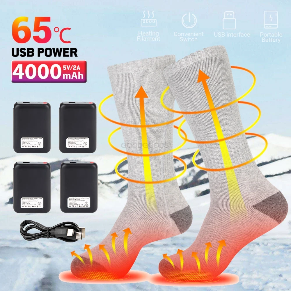 Meias aquecidas recarregáveis para exterior, meias USB, botas aquecidas, snowmobile, esqui, inverno, esqui, 5000mAh