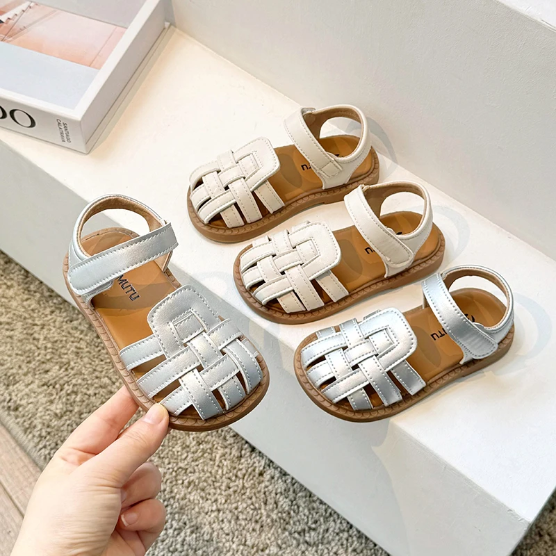 

Girls Toes Capped Shoes Children Princess Sandals Soft Sole Fashion Kids Weave Gladiator Sandals Solid Color 2024 Summer New