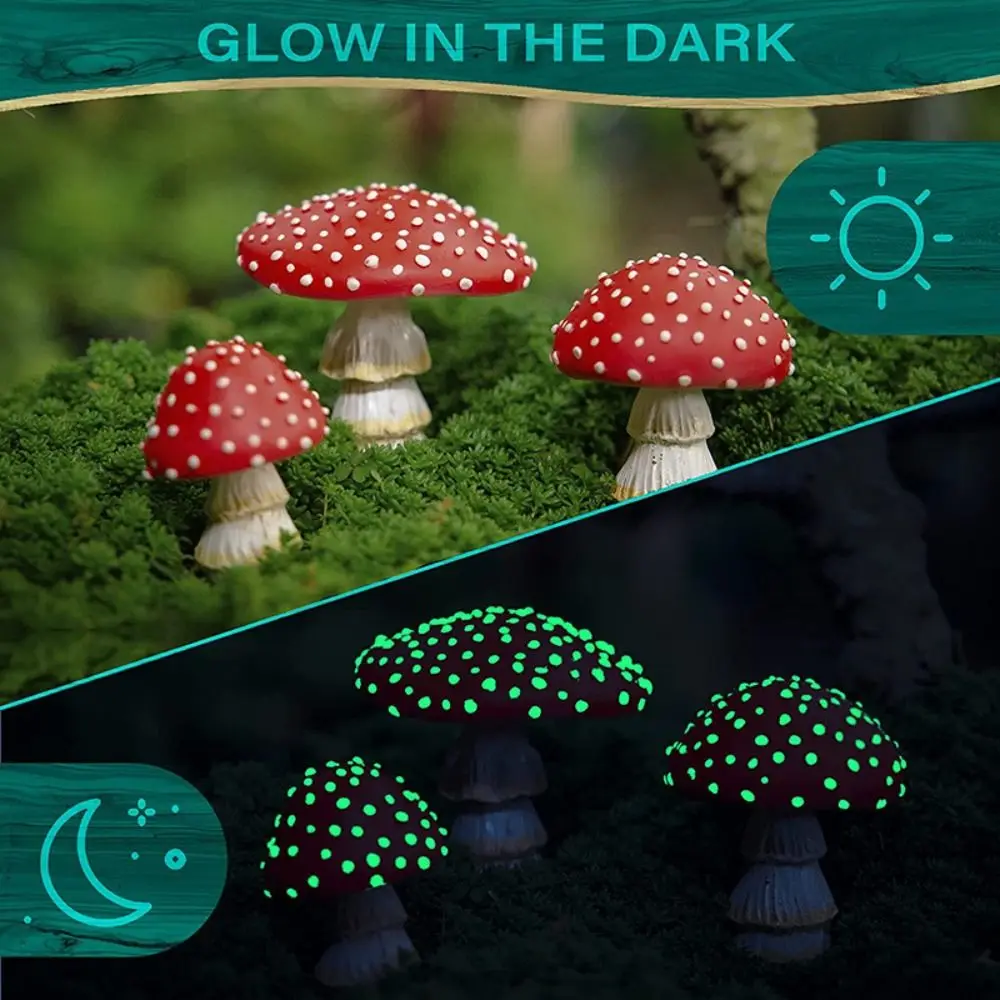 3PCS Home Figurines Decor Mini Mushroom Miniatures Micro Landscape Ornaments Polyresin Statue Resin Figurines Glow In The Dark