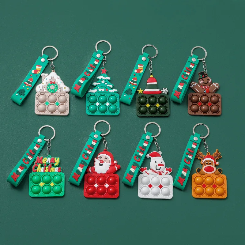 1Pcs Santa Elk Keychain Mini Pop Push Bubble Fidget Toys Stress Relief Toy Pendant Santa Keychain Cartoon Pendant For Christmas