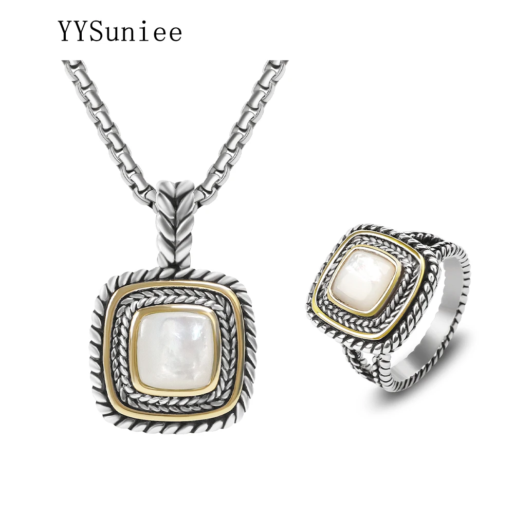 YYSuniee 7mm Cubic Zirconia Women's Jewelry Set 18k Gold-Plated Two-Color Wheat Thread Pendant Ring Set Birthday Gift