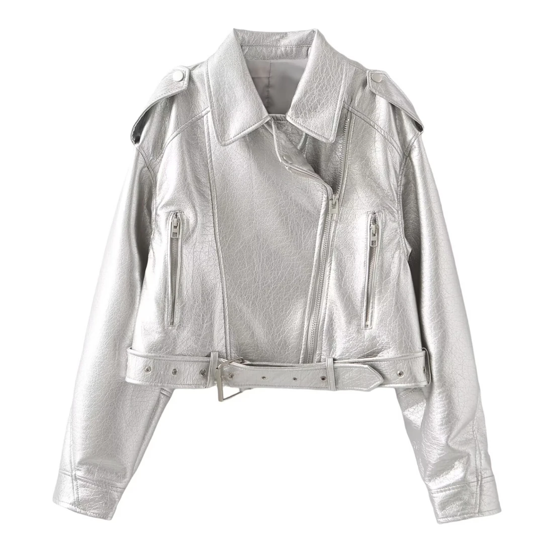 

Women's Fashionable Casual Motorcycle Leather Jacket Spring/Autumn Silver Short Zipper Waist Belt Loose Fit Coat