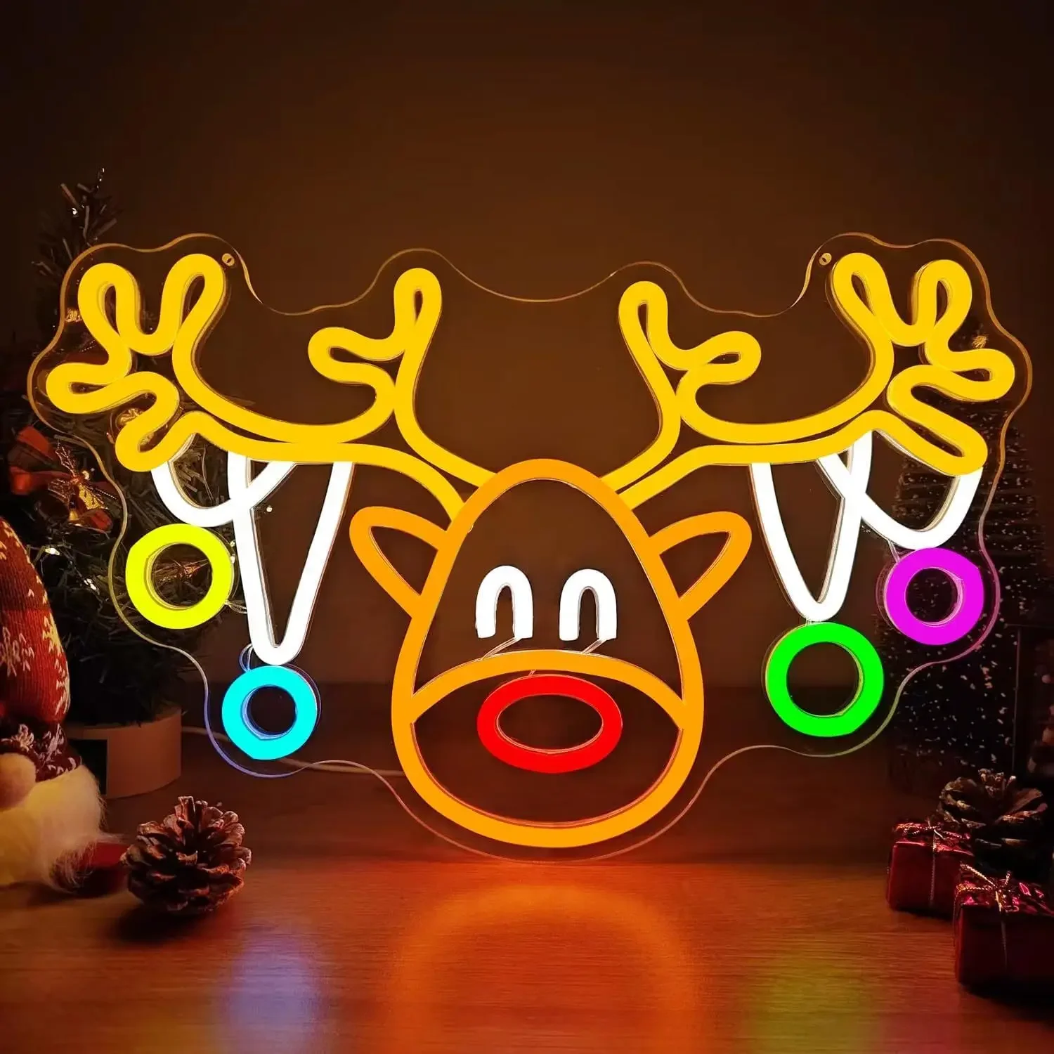 Reindeer Face Neon Sign Christmas Tree Ornament Multicolor LED Wall Art Acrylic USB Powered Dimmable Light Decor for Xmas Party