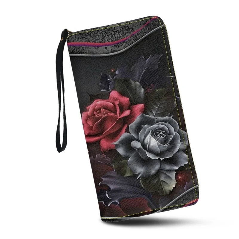 

Belidome Womens Zipper Long Clutch Wallet Gray and Red Rose Floral Wallets Wristlet Handbag for Credit Card ,Cash,Coin,Bill