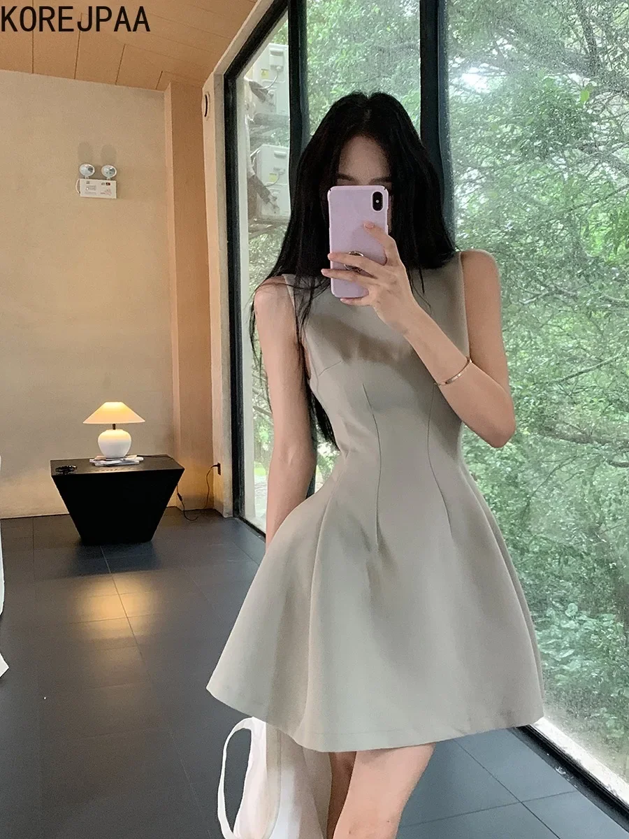 Korejpaa Simple Sweet Tank Dresses Women 2024 Summer Korean Fashion Ruffled Mini Dress Elegant Slim High Waist Vestidos Femme