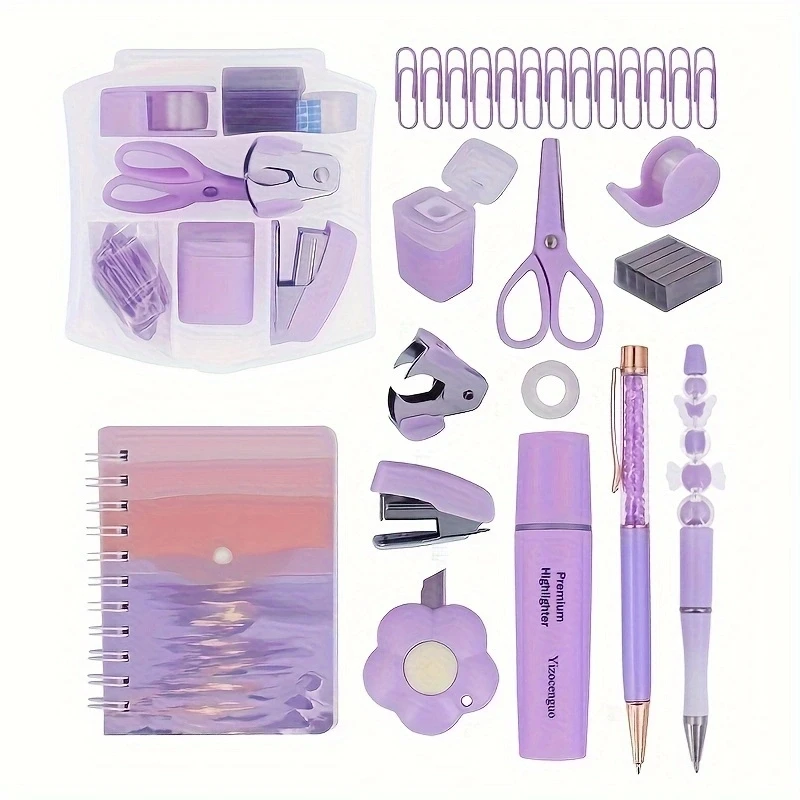 Mini office kit includes stapler, tape dispenser stapler, paper clips, scissors, staples, pens, notebook small retractable knife