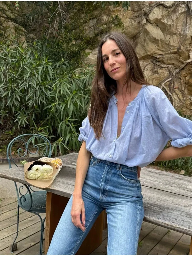 Susan casual solto longo sve algodão azul redondo ne irt top feminino confortável respirável roupa de verão
