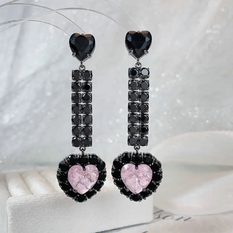 Bilincolor Fashion Long Black Zirconia and Blue Heart Earring for Women