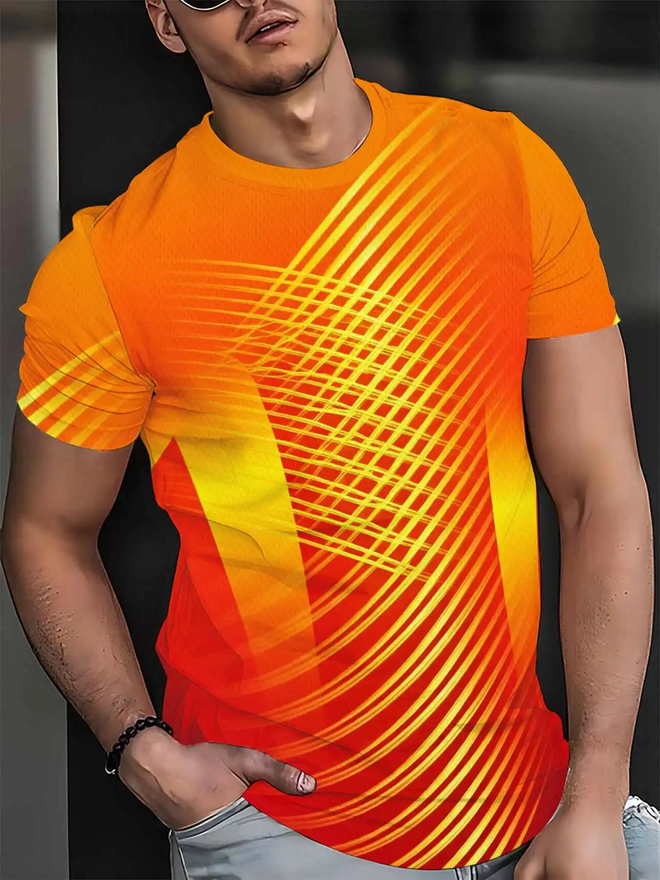 Men Quick Dry T-shirt High Elastic Orange Red Gradient Crisscross Line Print Short Sleeve Breathable Crew Neck Tee