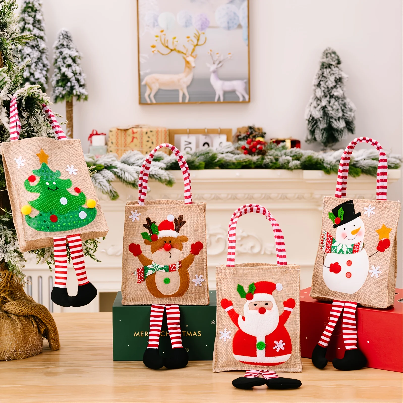 1pc Christmas imitation linen cartoon gift bag