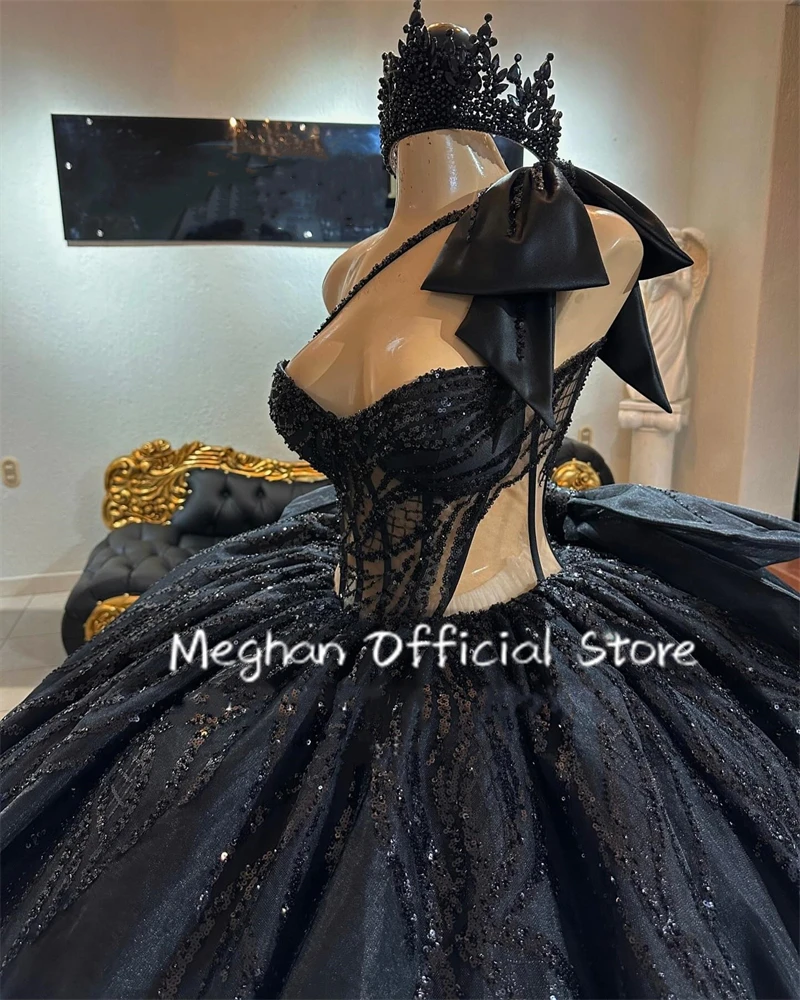 Mexico Black One Shoulder Sequin Quinceanera Dress Ball Gown Bead Applique 2024 Birthday Dress Bow Princess Gown Customized